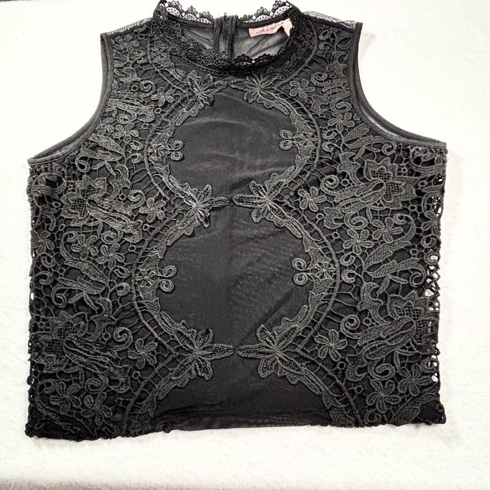 WILLOW & ROOT Black Lace Top Women’s L Floral Overlay Sheer Mesh Back Full Zip